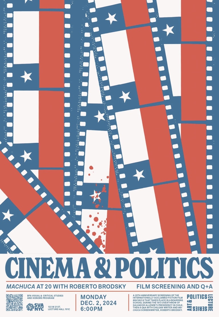 Event poster, film strips with Chilean flag and a splatter of blood