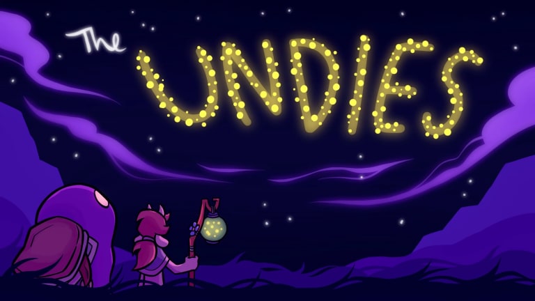 a bald creature with yellow eyes and a saddle on its back and a faun character holding a lantern filled with glowing bugs look up at a partly cloudy starry night sky where more glowing bugs spell out the words "The Undies"