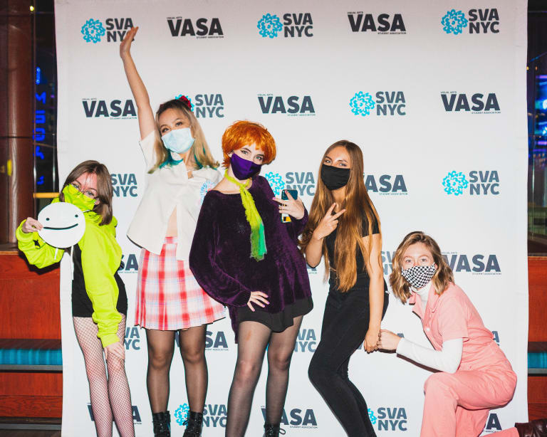 A photograph of several students at SVA's annual Halloween party.
