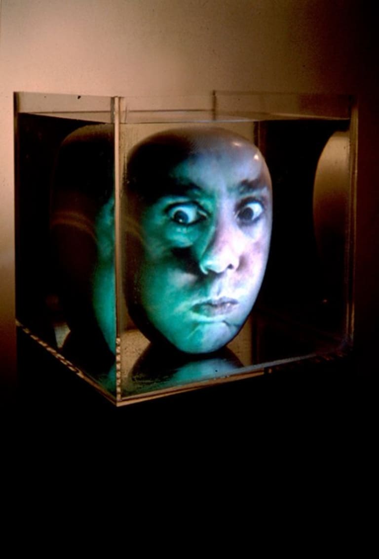 Image of a face suspended in a tank of water.