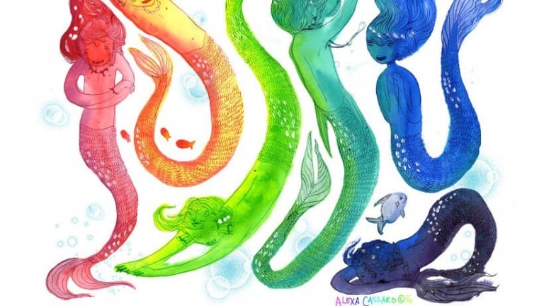 rainbow colored mermaid illustrations accompany the event details