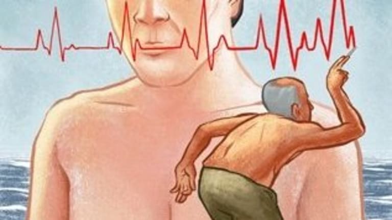 The painting shows a heart monitor over a man.