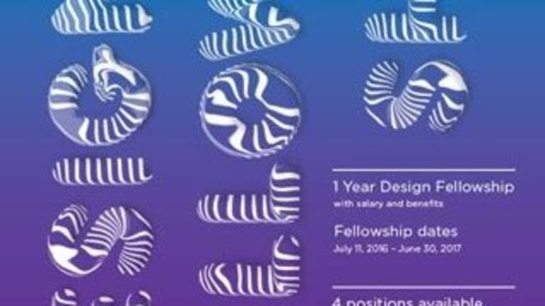 An advertisement for a design fellowship with blue to purple shading and details about applications