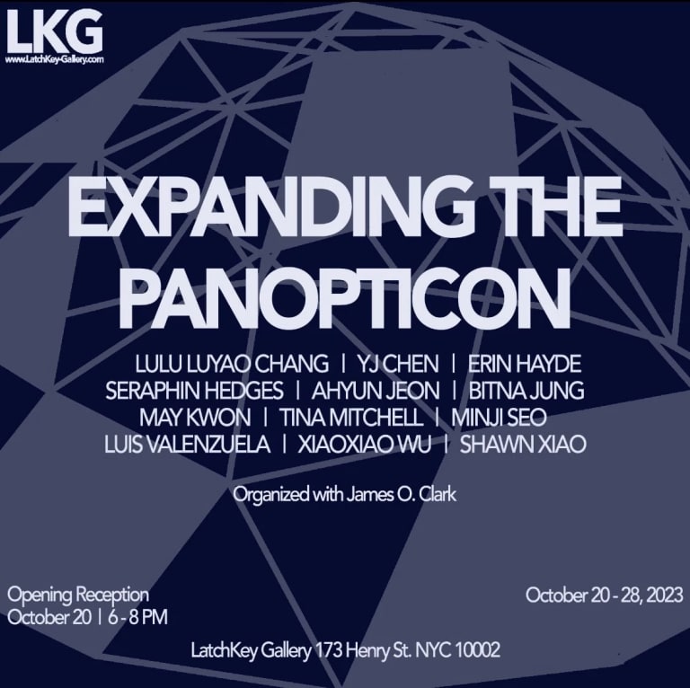 A dark blue posters with light blue geometric shapes on it featuring white text overlaid that reads "Expanding the Panopticon"