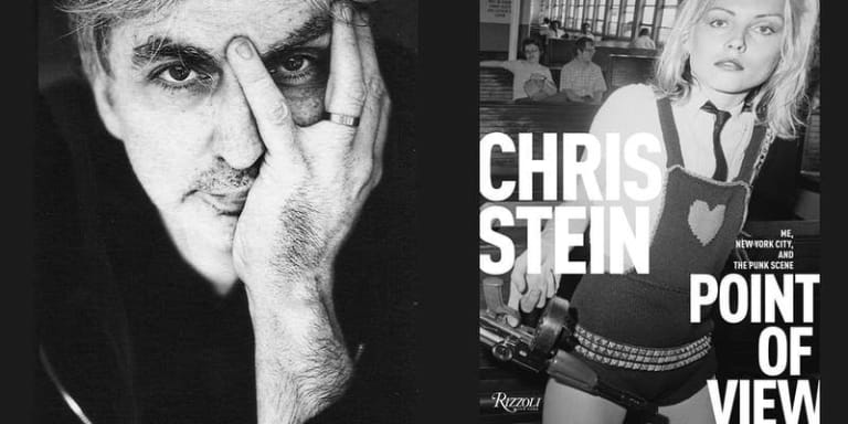 Headshot of Chris Stein; the cover of Chris Stein's book featuring a photo of Debbie Harry.