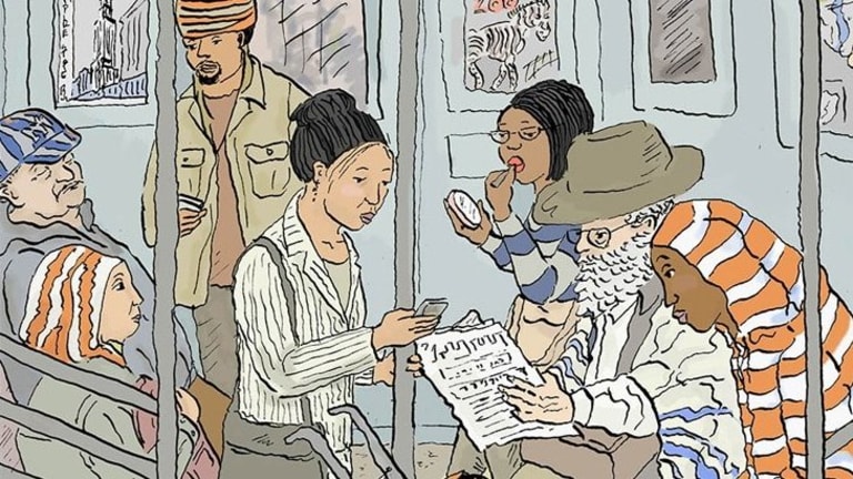 A cartoon drawing of several subjects riding on a commuter train