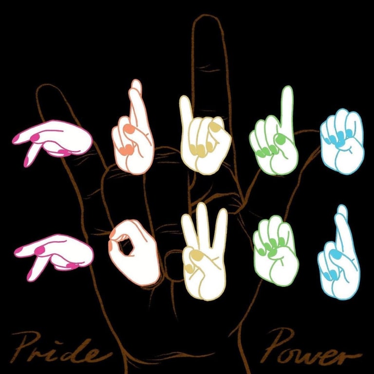 An illustration of several hands signing the words "Pride Power" in ASL.