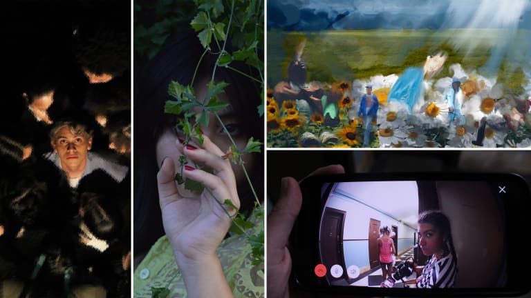 Four images: The first one: A person standing in the middle of a group of people. The second one: A person is standing in a bush with their hand and leaves obscuring their face. The third one: A photo edited to look like a painting of people in a field of sunflowers. The fourth one: Person holds a phone that shows a fisheye doorbell camera.   