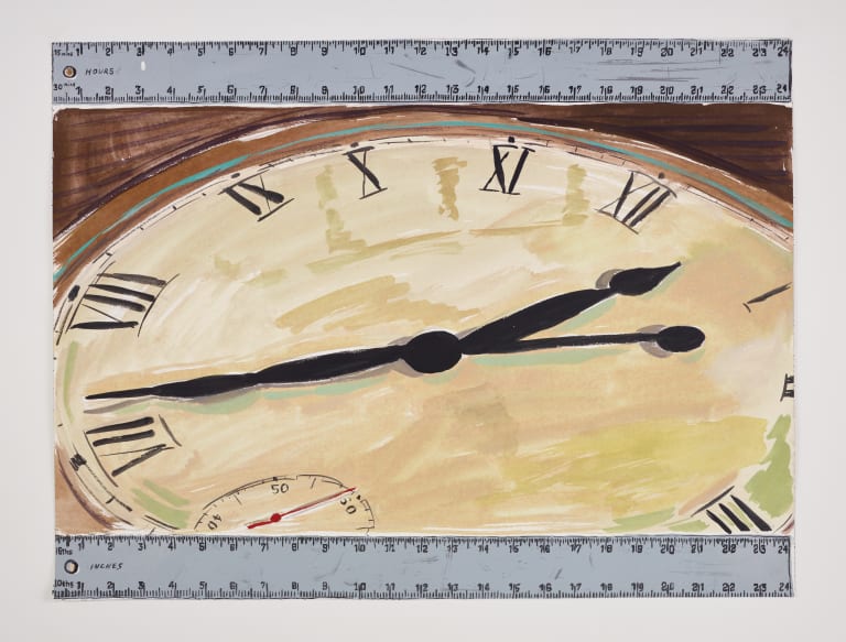 Illustration of an analog clock with Roman numerals. The illustration is flanked on top and bottom with rulers.
