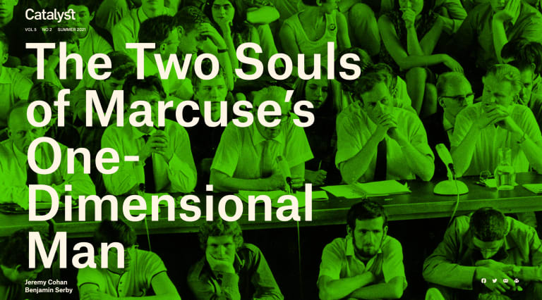 The title "The Two Souls of Marcuse’s One-Dimensional Man” in white sans serif font superimposed over a green-tinted photo of a group of men and women seated in the tiers of a lecture auditorium