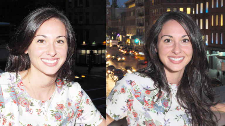 Two side by side images of a woman, with the left image taken with flash.