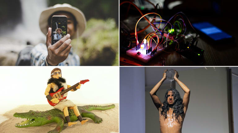 4 images, clockwise from bottom left: figure with a guitar sitting on an alligator; person wearing a hat holding out a phone to take a selfie; lights on a micro controller; topless person with long curly hair pours a bowl of water on their head