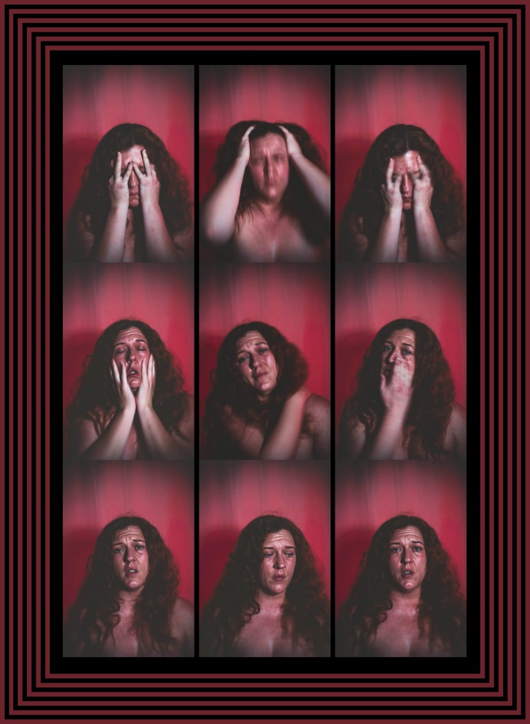A grid of 9 portraits of one woman in various stages of distress. The photos have a red hue.