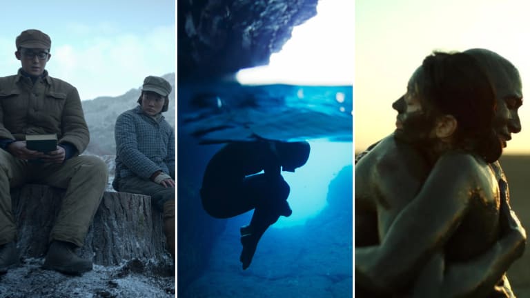 Stills from 3 different movies: the first one depicts a man and a younger woman in warm clothes sitting on what looks like a tree stump. There are people working in the background. The man is looking down at a book in his hands and the woman is looking over at him. The second one depicts a human figure in fetal position floating underwater. The third one depicts a man and a woman embracing, covered in mud.