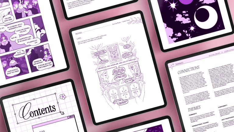 A purple-toned picture of iPad screens showing different graphic designs