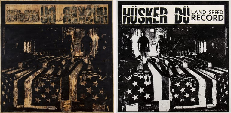 Side-by-side image of a wooden printing block for a record album cover and the resulting printed image showing the title Hüsker Dü Land Speed Record and two men standing behind two rows of coffins with American flags draped over them