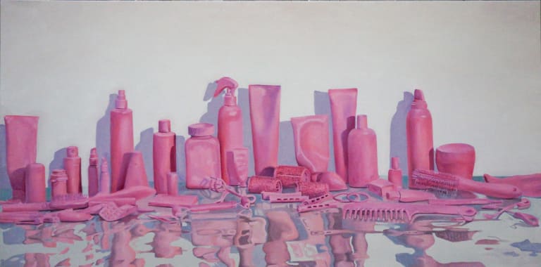 A painting of pink toiletries lined up against a white wall on top of a metallic, blueish surface. 
