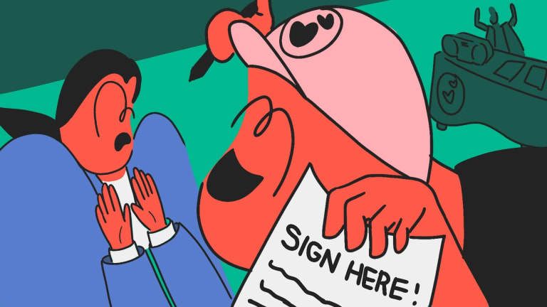 A frame from the animation where A person holds up a sheet of paper and a pen. The other person looks startled and uncomfortable.