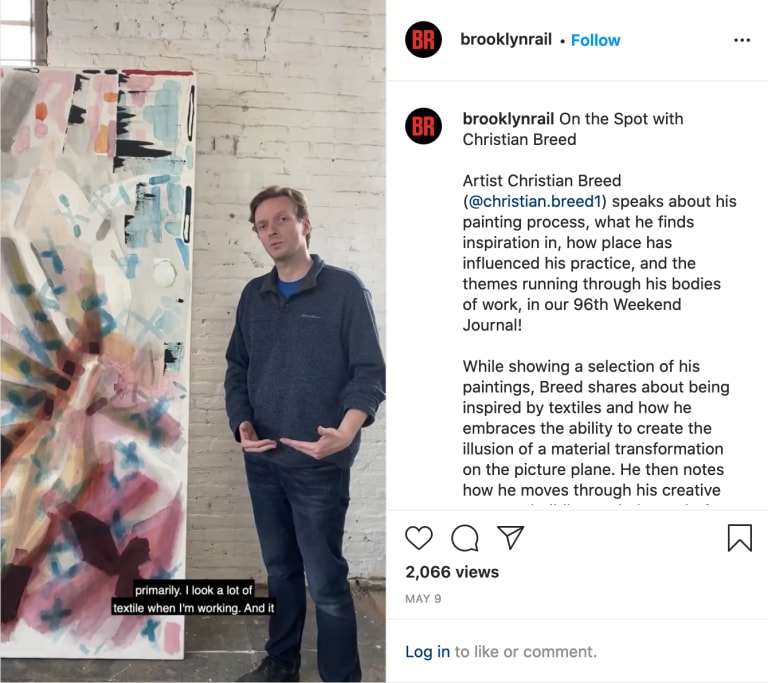 screenshot from Instagram of a video featuring artist Christian Breed. The left side contains a text explanation of the video, and the right side shows Breed in his studio with one of his paintings to his right.