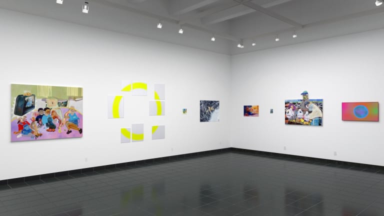 Rendering of eight artworks installed on gallery walls, ranging from paintings to video.