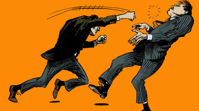 illustration of two men in suits fighting.