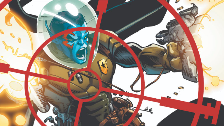 A superhero like figure shoots a gun. A red target is placed over his chest.