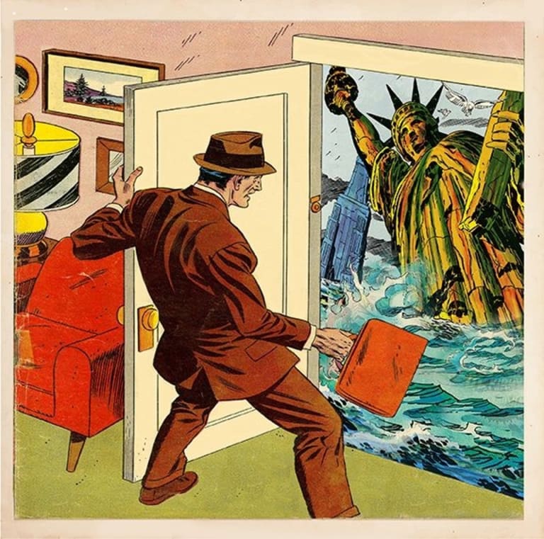 Here is an illustration of a man in a suit opening the front door from inside a house, only to find the Statue of Liberty and Empire State Building afloat in a storm-tossed sea that has reached the precipice of his home.