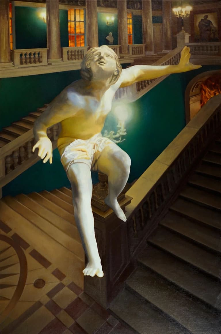 Oil painting of a startled-looking white figure in a semi-crouching pose and looking up above itself. The figure is nearly nude, wearing only white pants like boxer shorts, and seems to be hovering over a landing in a museum staircase.