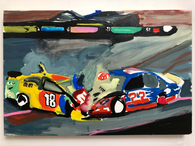 painting of 2 race cars crashing into each other