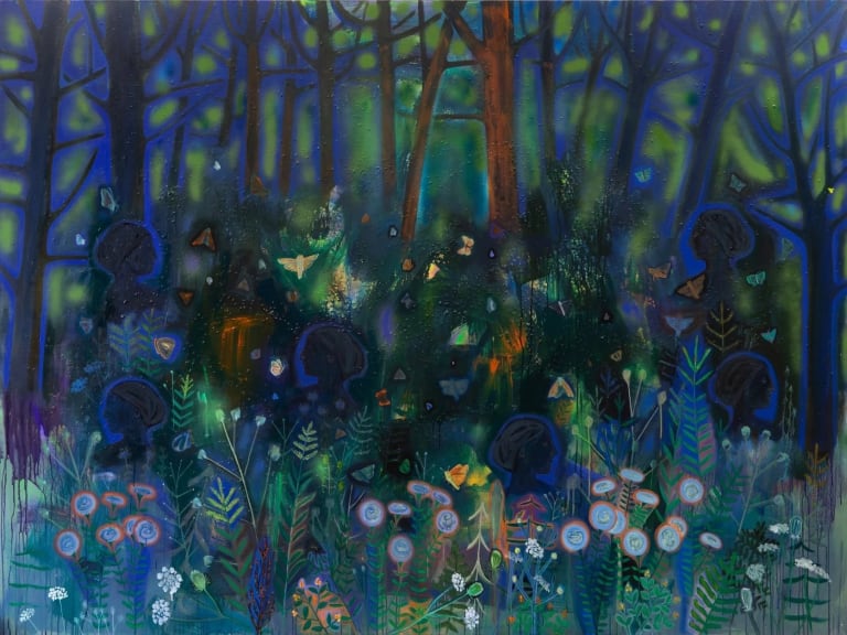Painting of women in the woods with butterflies and plants in shades of blue, green, orange, and purple.