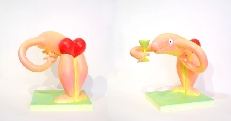 Diptych sculpture showing two anthropomorphic creatures in swim suits drinking cocktails and preparing to dive.