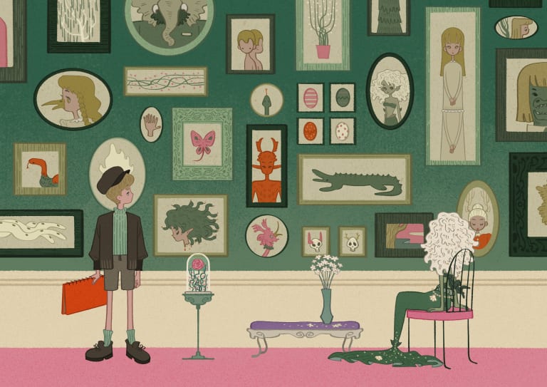 Illustration of a mermaid girl sits on a chair and a painter boy standing in front of a green portrait wall, where portraits of extraordinary people and creatures are displayed