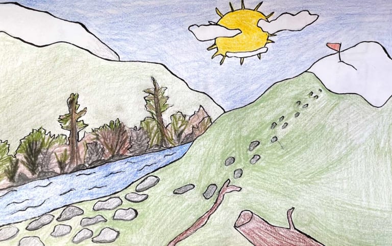 Colored pencil drawing of two mountains with a river, trees, an rocks on the ground below them and sun above. The mountains are topped with snow, and the mountain on the righthand side has a small red flag. 