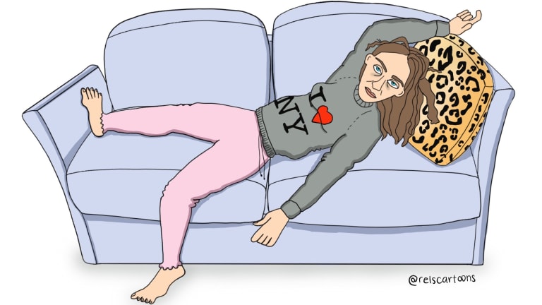 Here is a cartoon drawing of a person sprawled on the couch, looking fatigued, wearing an I LOVE NY sweater. 