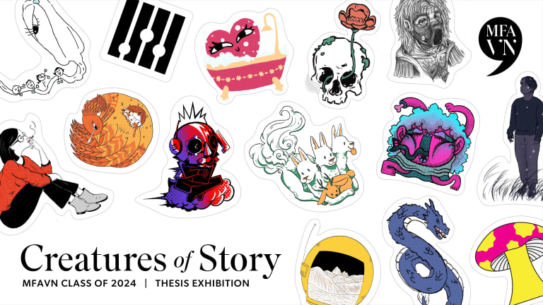 Poster staged as a "sticker sheet" of different illustration against a white background, with the text "Creatures of Story, MFAVN Class of 2024 Thesis Exhibition" in black in the lower left.