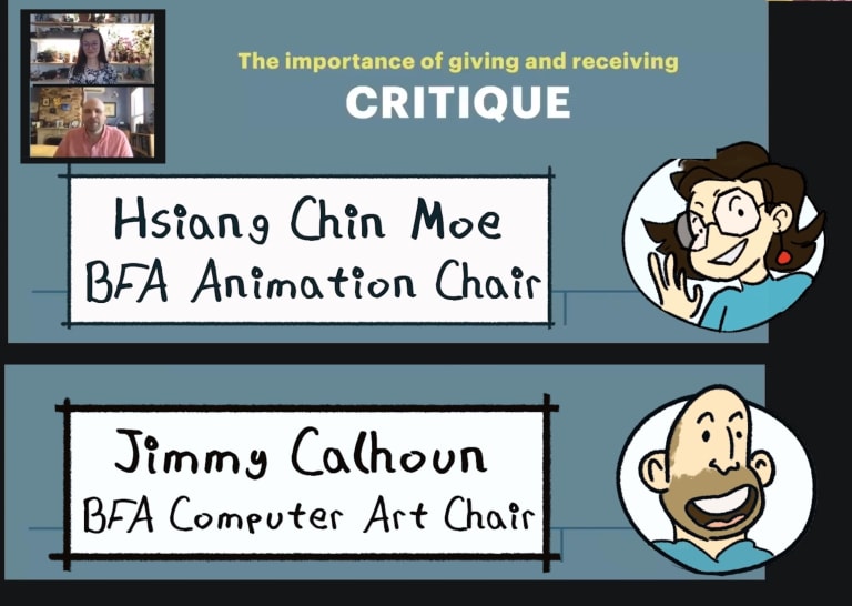 A video still featuring caricatures of SVA's BFA Animation and BFA Computer Art chairs.