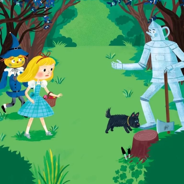 A cute illustrated screenshot depicting a memorable moment from "The Wizard of Oz," featuring its enchanting characters and colorful landscape.