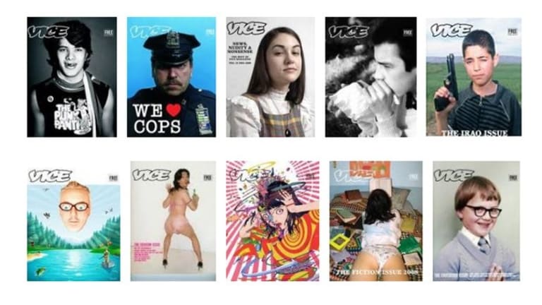 Ten Vice magazine covers are organized in two rows.