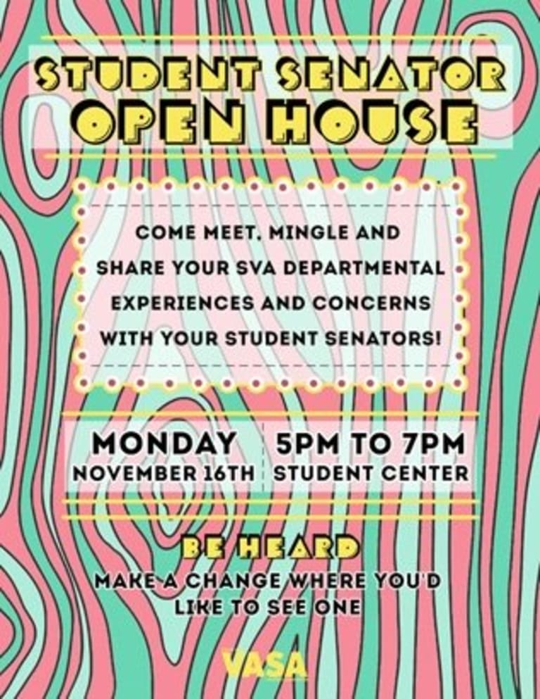 Student Senator Open House announcement for Monday November 16th with blue and pink swirl pattern.