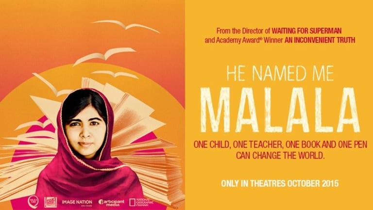 A poster for the movie "He Named Me Malala"