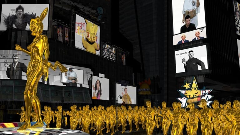 A dark scene of a Times Square-esque location with billboards featuring animated images of prominent figures. A mob of shiny gold figures stand in the foreground