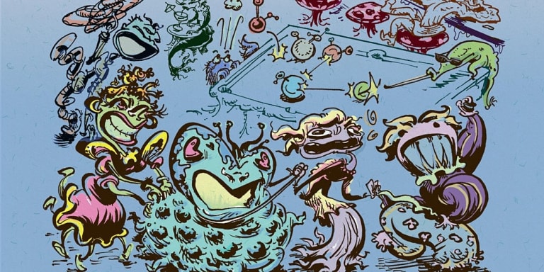 Illustration of a collection of animated outer space creatures in various colors and shapes placed against a blue background.