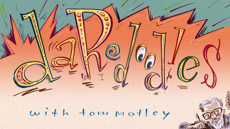 illustrated copy that spells "daredoodles with tom motley" and a small portrait of tom motley drawing in the lower right hand corner. 