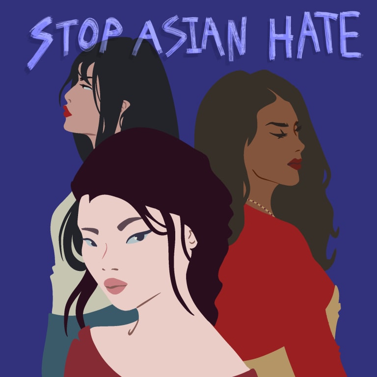 An illustration of three people, with the words "Stop Asian Hate" appearing above them.