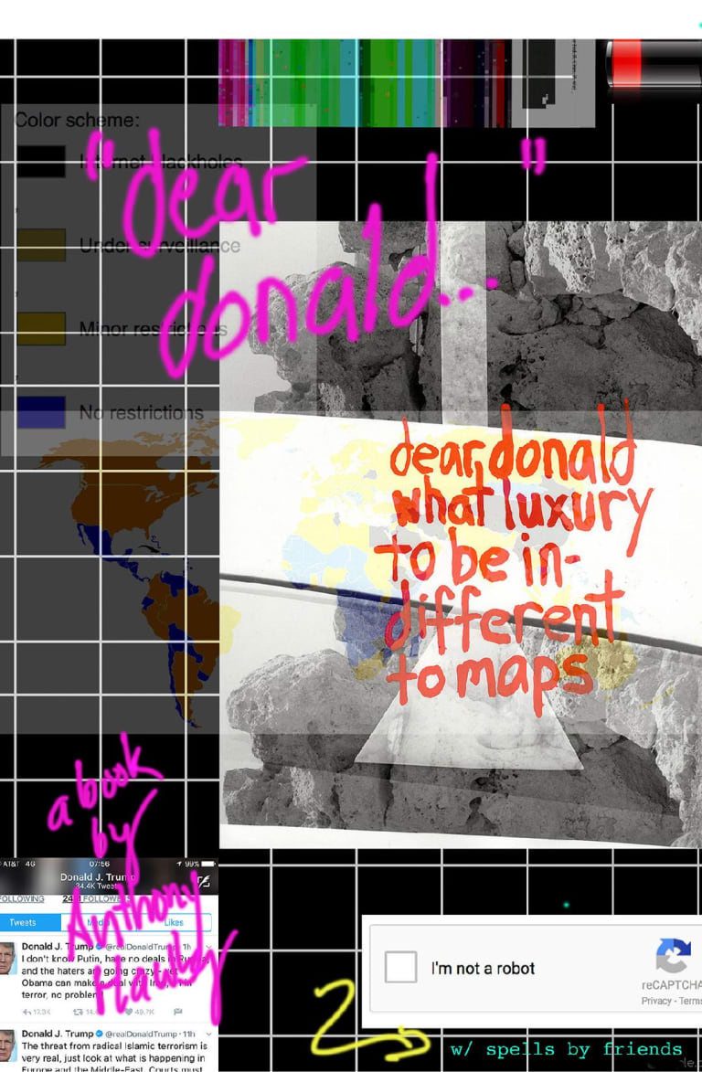 Cover of the book "dear donald" by Anthony Hawley with the handwritten title in magenta, the handwritten text "dear donald what luxury to be indifferent to maps" in orange over a black and white photo of a pile of rocks, and screenshots of a CAPTCHA and tweets from Donald Trump, all placed over a white grid on a black background  