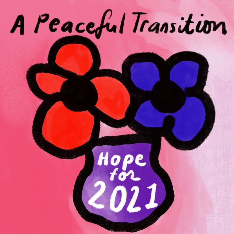 An illustration of two flowers, one red and one blue, together in a purple vase on which is written "Hope for 2021." "A Peaceful Transition" is written at the top of the illustration.