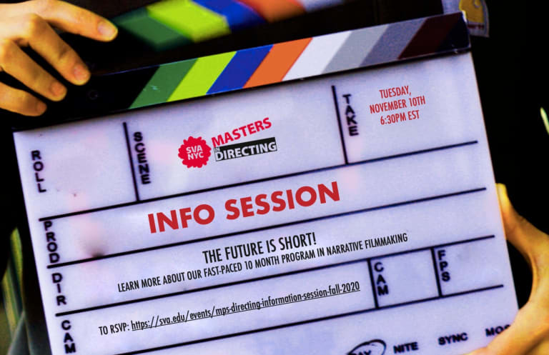 A pair of hands holds a film slate (clapboard). Written on it are the words "Info Session", "The Future is Short." "Learn more about our fast-paced 10 month program in narrative filmmaking"