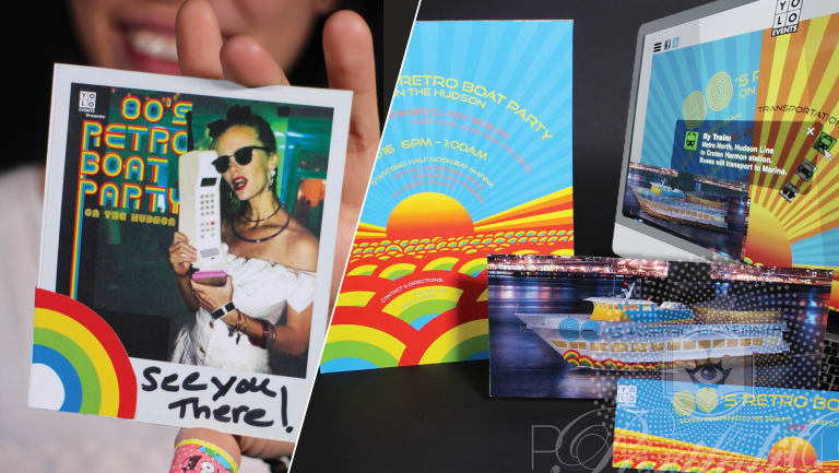 A collage of images including a polaroid picture of a woman holding a large cell phone, a party invitation and a photo of a boat