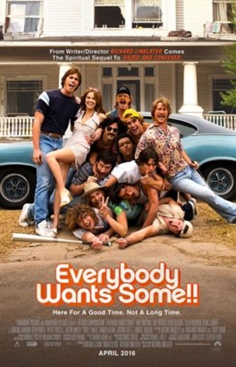 A movie poster with a group of people crowded together and the phrase "Everybody Wants Some!!"