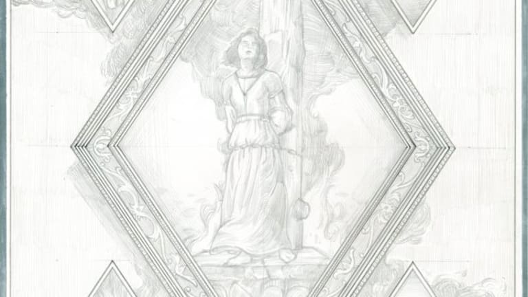A pencil drawing of multiple diamond shaped sections with a large drawing of Joan of Arc in the middle.